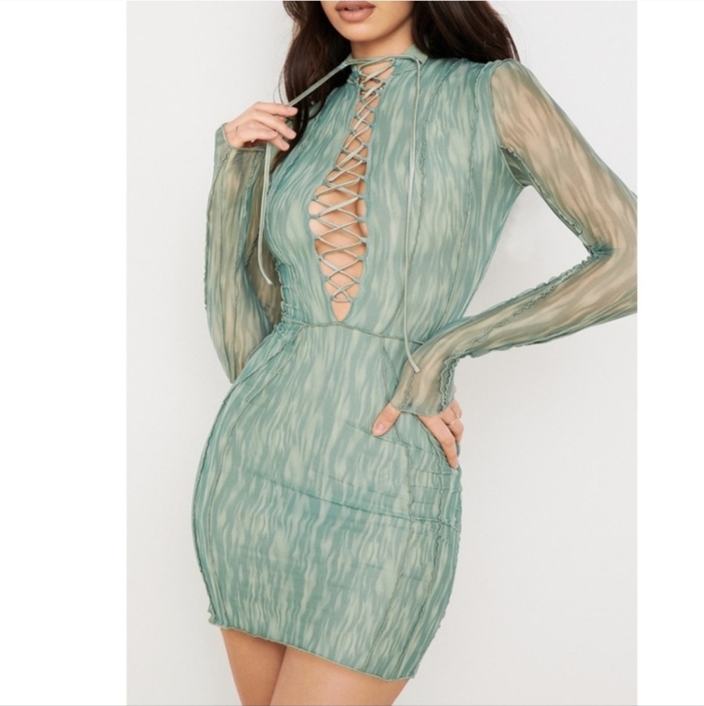 House of CB Dylan lvy Printed Mesh Lace Up Mini Dress